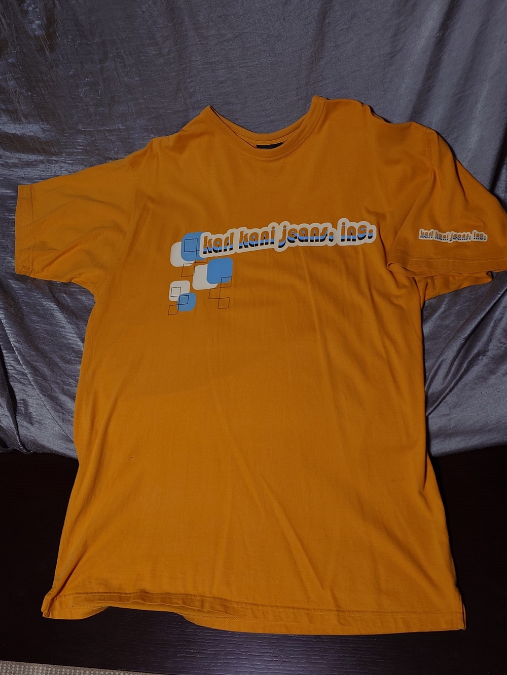 Vintage 90s Karl Kani Yellow Graphic Logo Tee with Blue Accents -kani jeans